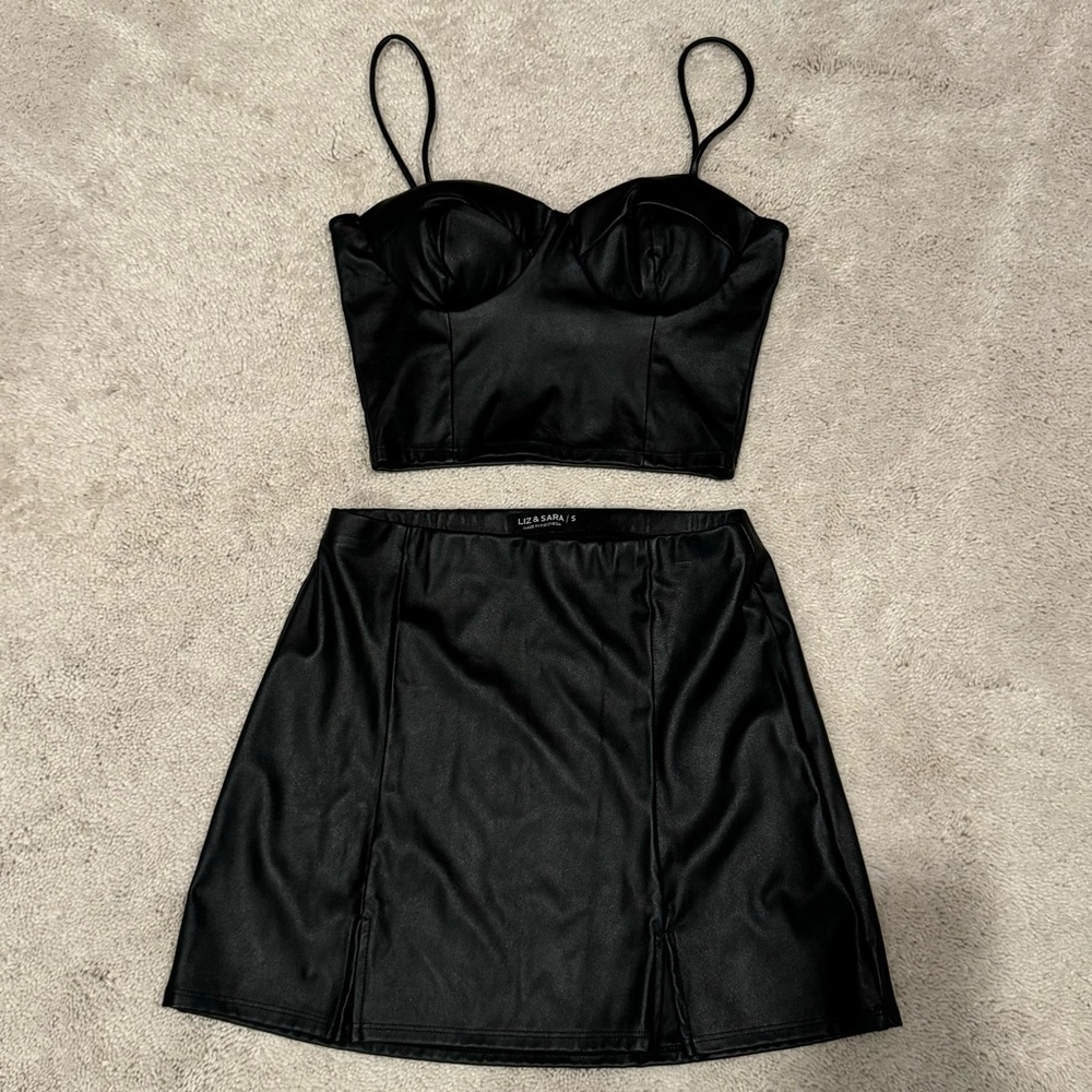 Faux Black Leather 2 Piece Set Tank Top Bustier & Skirt